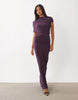 Slinky Draped Cutaway Mesh Column Dress In Plum