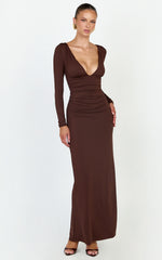 Juniper Maxi Dress - V Neckline Long Sleeve Gathered Detail Dress in Dark Chocolate