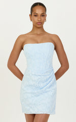 Rachel Mini Dress - Strapless Corset Bodice Draped Skirt Dress in Ice Blue