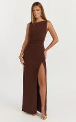 Joanne Maxi Dress - Scoop Neck Fringe Dress in Chocolate