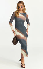 Margot Midi Dress - High Neck Long Sleeve Mesh Dress in Rust Print