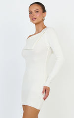 Tess Mini Dress - Asymmetric Off Shoulder Long Sleeve Knit Dress in Cream