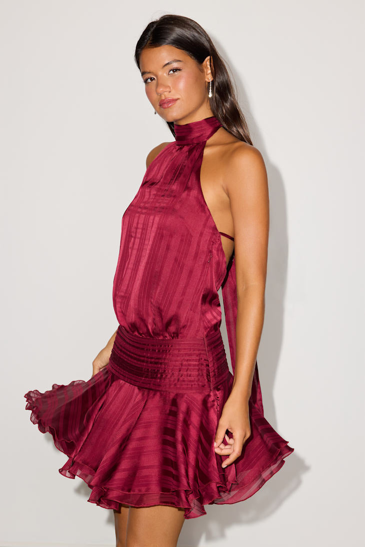Cass Wine Red Striped Satin Drop Waist Mini Dress