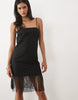 Linen Blend Fringe Detail Column Mini Dress In Black