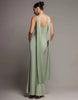 Goddiva Sculpting Stretch Jersey & Velvet Satin Cape Sleeve Halterneck Maxi Dress In Sagegreen