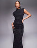 High Neck Detail Maxi Dress With Shoulder Pads In Polka Dot