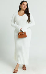 Astra Maxi Dress - V Neck Long Sleeve Knit Dress in White