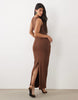 Oh Polly Modal Square Neck Ruched Detail Maxi Dress In Chocolate