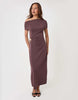 Threadbare Off Shoulder Draped Jersey Maxi Dress In Chocolate Brown