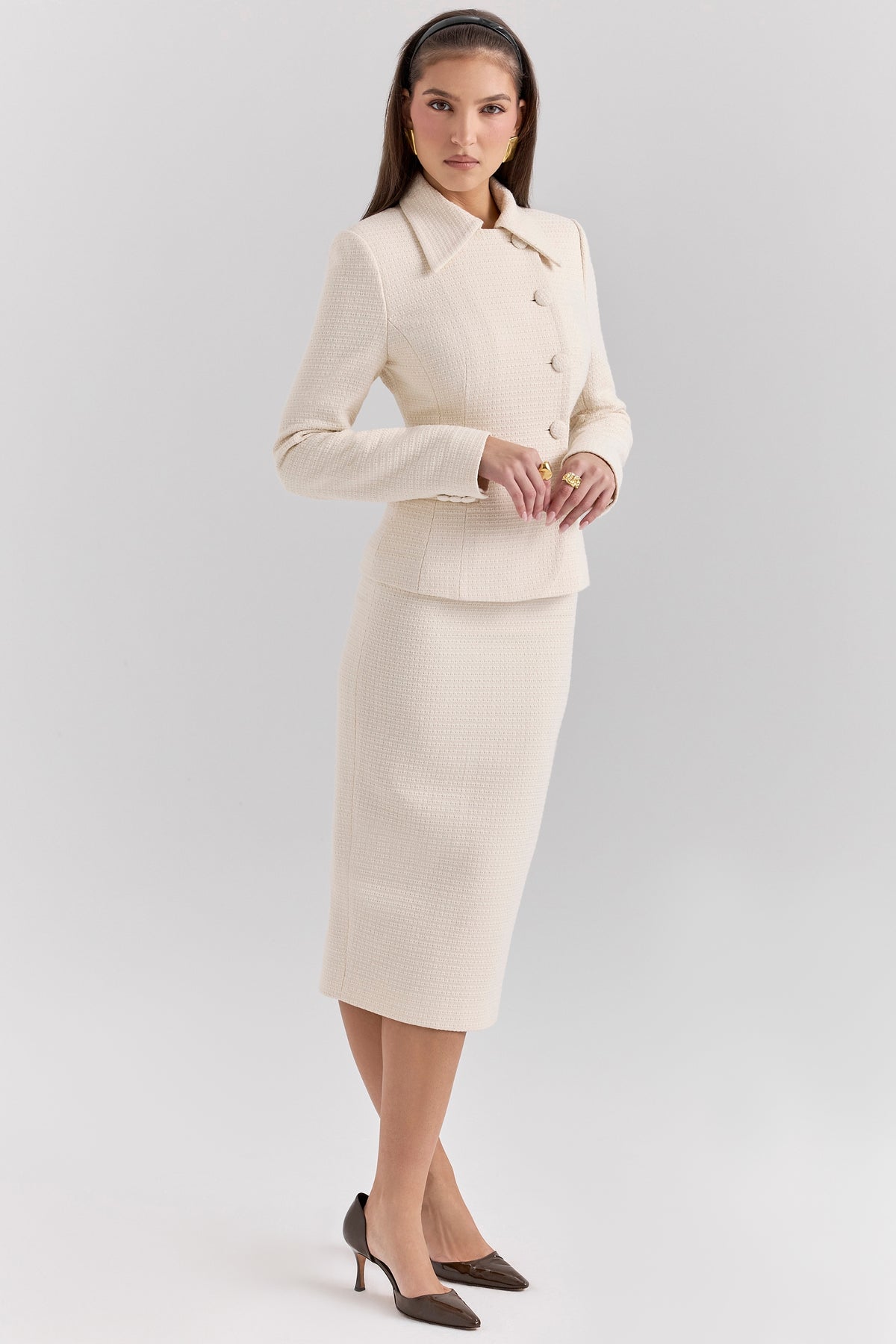 cream boucle pencil midi skirt