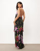 Dropped Hem Printed Stretch Chiffon Halter Maxi Dress In Black Floral