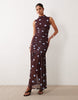 Printed Polka Dot Ruched Drop Waist Circle Dress With Grown In Neck In Burgundy
