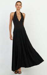 Poppy Maxi Dress - Contrast Skirt Deep Plunge Halter Dress in Black
