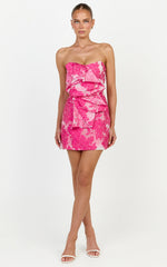 Amalie The Label - Frederika Strapless Ruffle Detail Jacquard Mini Dress - Ink