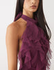 Lace & Beads Tulle Halter Ruffle Detail Tiered Mini Dress In Magenta Purple