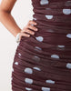 Printed Polka Dot Ruched Drop Waist Circle Dress With Grown In Neck In Burgundy