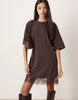 Oversized Mini Dress With Lace Hem Trim In Chocolate