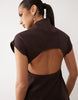 High Neck Grown On Sleeve Bonded Crepe Mini Dress In Chocolate