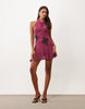 Mesh Mini Dress With Floral Applique Details In Plum