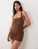 Oh Polly Modal Square Neck Ruched Bodycon Mini Dress In Chocolate