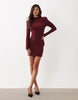 Bodycon Shoulder Mini Slinky Dress With Draped Back Detail In Burgundy