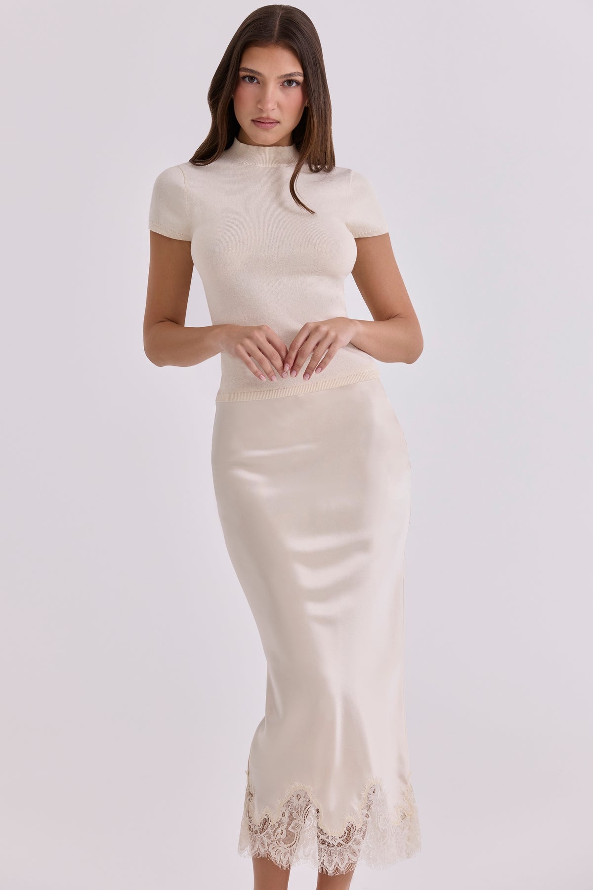 vintage ivory satin + lace midi skirt