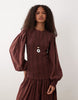 Shirred Poplin Maxi Dress In Burgundy Check