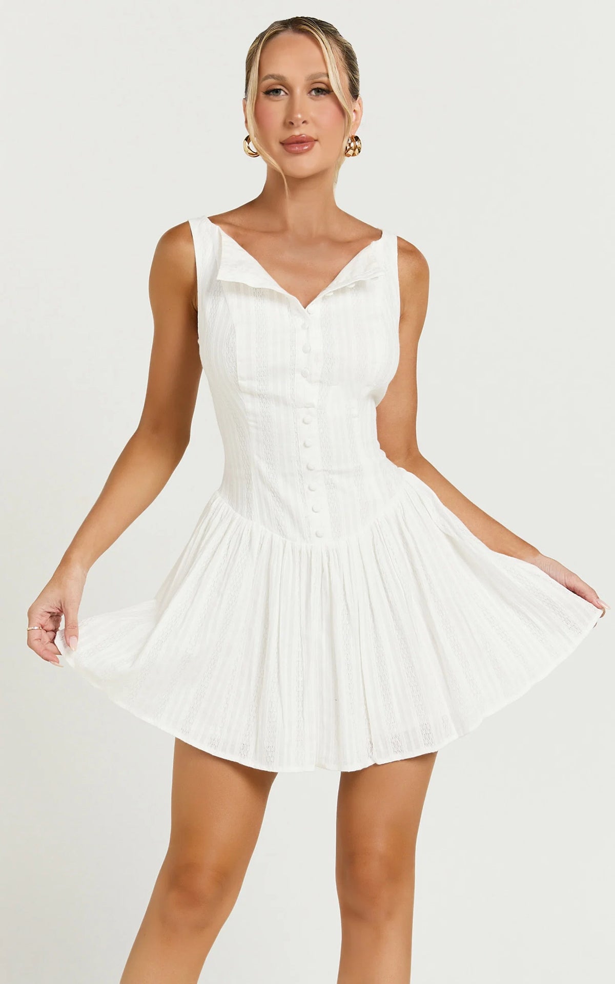 Zhai Mini Dress - High Neck Button Through Dress in Ivory
