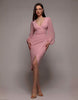 Goddiva Sculpting Stretch Jersey & Chiffon Balloon Sleeve Wrap Midi Dress In Blush