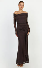 Waverly Maxi Dress - Long Sleeve Off Shoulder Dress in Chocolate