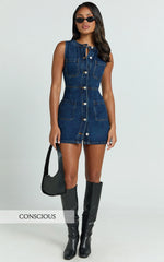 Stephanie Mini Dress - Scoop Neck Pocket Detail Recycled Denim Dress in Indigo Wash