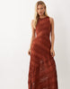 Spliced Tiered Lace Midi Dress In Rust