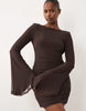 Mesh Waterfall Sleeve Ruched Mini Dress In Brown