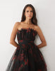 Lace & Beads Tulle Bandeau Ruffle Tiered Maxi Dress In Black Floral