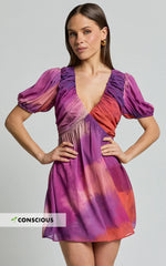 Kennedy Mini Dress - Recycled Polyester V Neck Puff Sleeve Dress in Coral Mirage Print