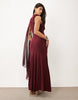 Mesh Overlay Cape Maxi Dress With Godets In Burgundy