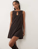 Cord Slash Neck Keyhole Mini Dress In Chocolate