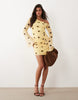 Printed Mesh Off Shoulder Mini Dress With Angel Sleeve In Lemon Polka Dot
