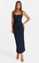 Benita Midi Dress - Scoop Neck Ruched Fitted Dress in Navy