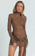 Walters Mini Dress - Polo Neck Long Sleeve Ruche Sash Band Jersey Dress in Brown