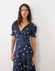 Wednesday'S Girl Cap Sleeve Satin Midaxi Dress With Lace Trim In Navy Polka Dot