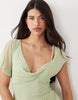 Draped Mesh Asymmetric Sleeve Maxi Dress In Sage Green
