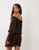 Cotton On Boho Off Shoulder Ruffle Mini Dress In Dark Oak