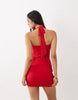 Oh Polly Halter Neck Bodice Ruched Cross Over Skirt Detail Mini Dress In Red