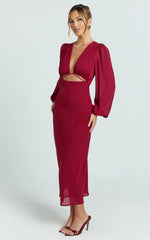 Artola Midi Dress - Front Cut Out Long Sleeve Dress in Wine