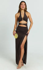 Yuna Maxi Dress - Halter Neck Ruched Cut Out Bodycon Dress in Chocolate