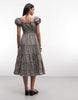 Daisy Street Puff Sleeve Tiered Midaxi Dress With Tie Bust In Grey Check
