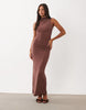High Neck Sleeveless Drape Maxi Dress In Chocolate
