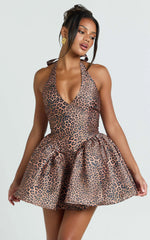 Georgine Mini Dress - Leopard Print Halter Deep V Fit And Flare Dress in Leopard Luxe