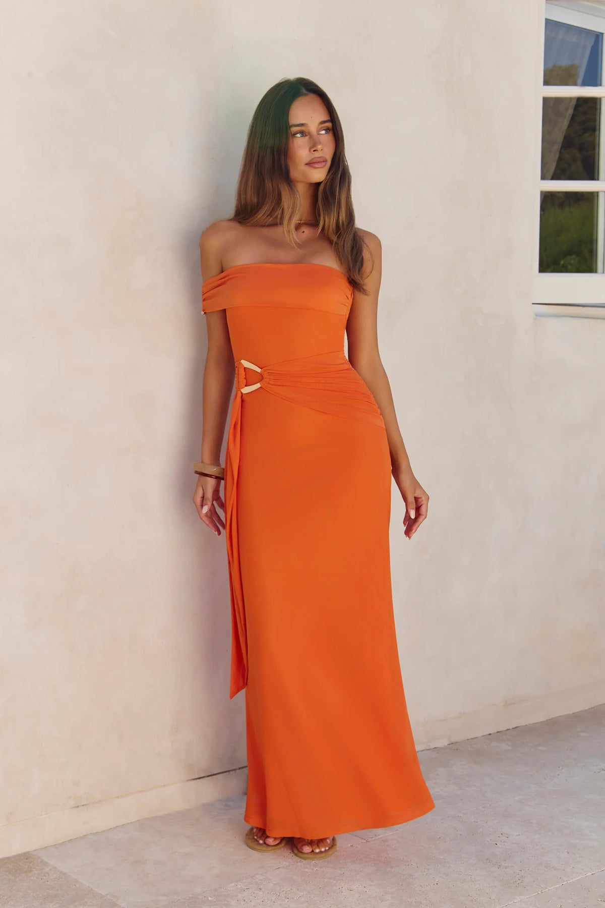 Heart For You One Shoulder Mesh Maxi Dress Orange